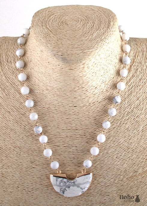 Boho Necklace, RH Rose Quart Amazonite, Half Moon Pink Natural Stone